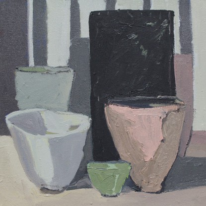 Helen Gauchat, Still Life with Grey Stripes, 2016, oil on canvas, 30 x 30cm