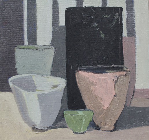 Helen Gauchat, Still Life with Grey Stripes, 2016, oil on canvas, 30 x 30cm