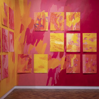 Installation view Bonnie Porter Greene Microcosm, Outback featuring Bonnie Porter Green Microcosm, Outback, 2023, acrylic paint on wall and oil on Arches cold pressed oil paper. Photograph: Silversalt Photography.