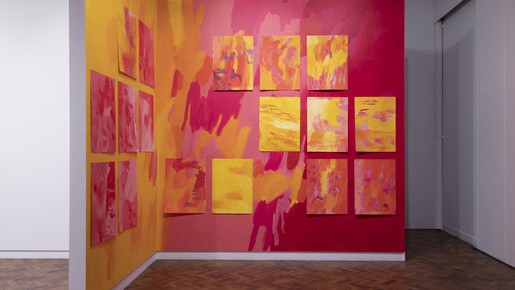 Installation view Bonnie Porter Greene Microcosm, Outback featuring Bonnie Porter Green Microcosm, Outback, 2023, acrylic paint on wall and oil on Arches cold pressed oil paper. Photograph: Silversalt Photography.