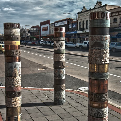 Marilyn Puschak, Three Poles, mosaic, stone, metals and timber